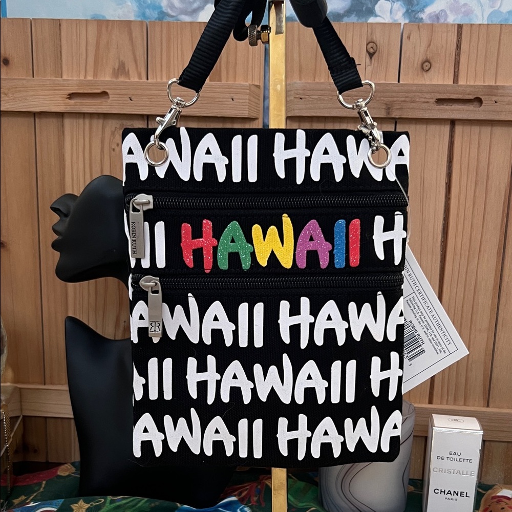 Robin Ruth Black Crossbody Bag with Multicolor 'HAWAII' Lettering